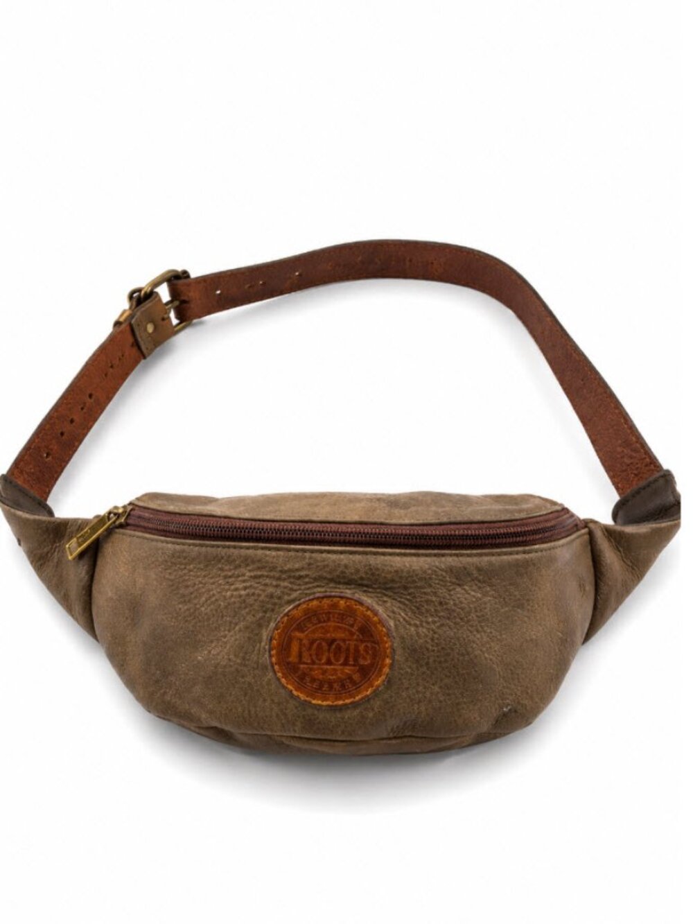 Roots Leather Belt Bag Crossbody Fanny Olive Brown Adjustable Strap Unisex
